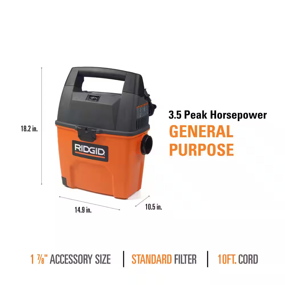 3 Gal. 3.5 Peak HP Handheld Shop Vacuum Wet Dry Vac with  SWEEP Dust Pan, Filter, Hose and Car Nozzle WD3050