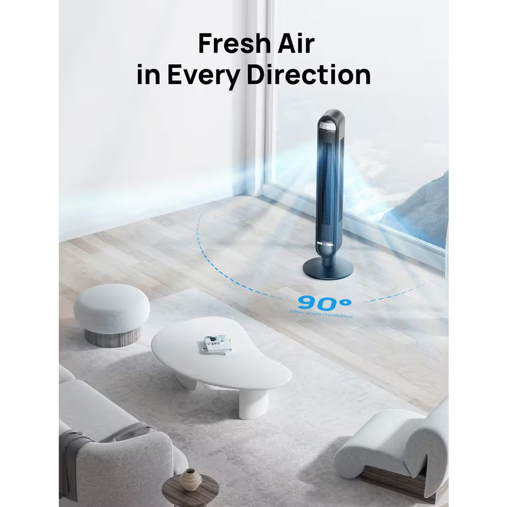 Essential 42 In. 6 Fan Speeds Tower Fan in Black with Remote, 90° Oscillation and 12-Hour Timer