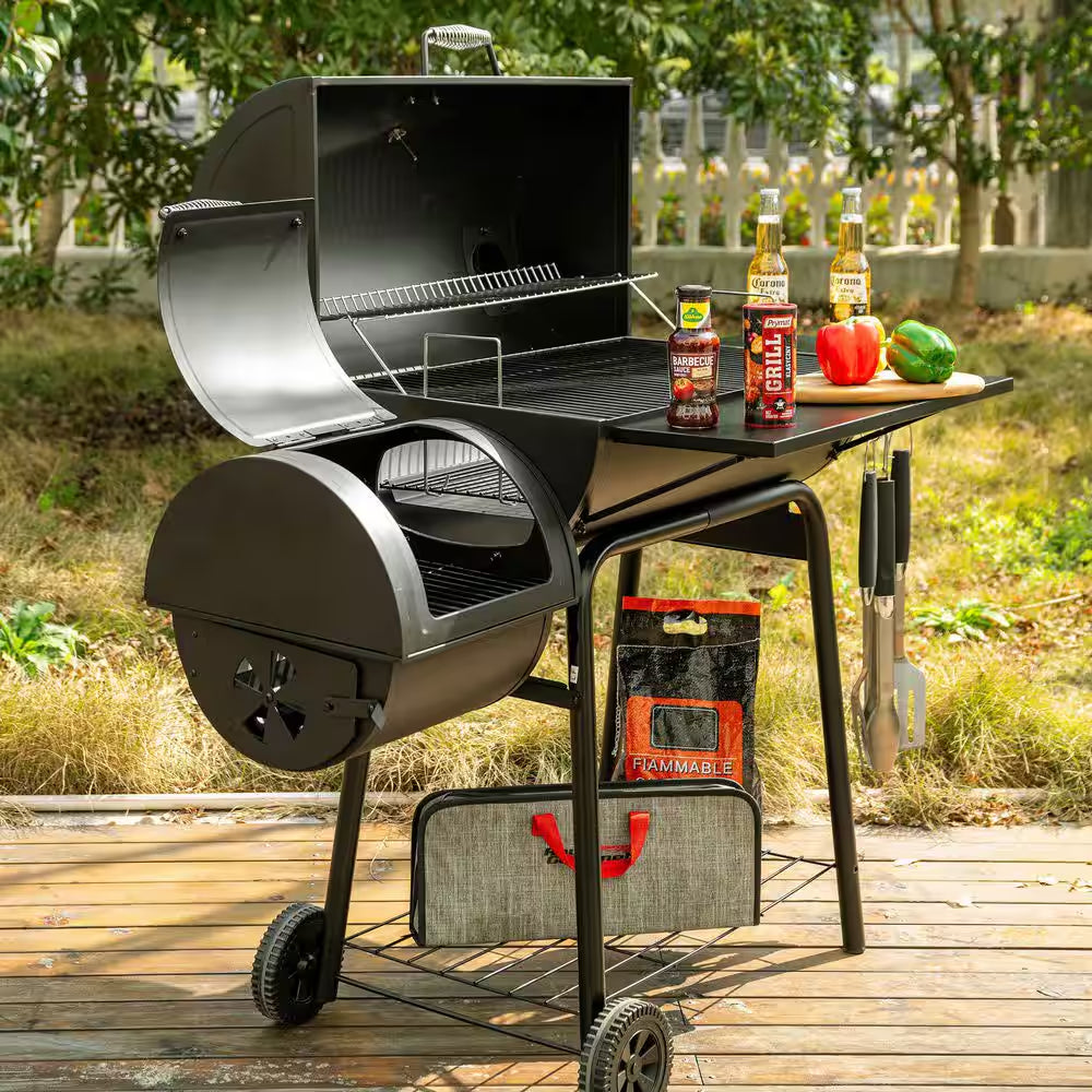 Charcoal Grill with Offset Smoker and Side Table in Black plus a Cover