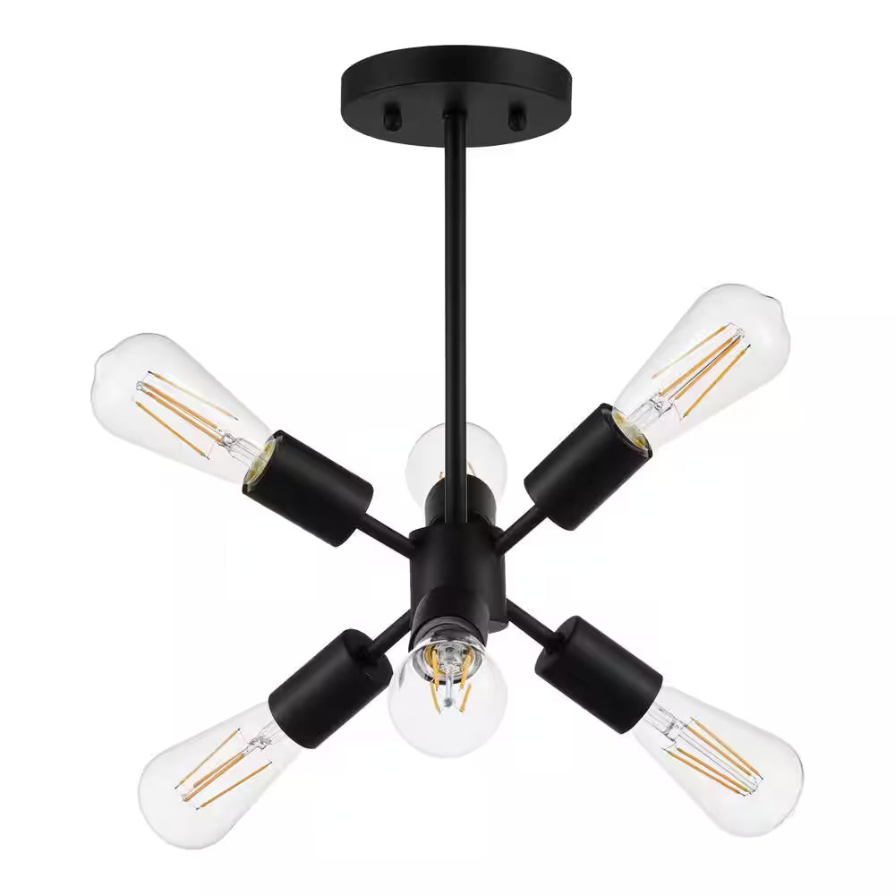 Leonie 16.25 In. 6-Light Matte Black Sputnik Semi-Flush Mount, Industrial Ceiling Light