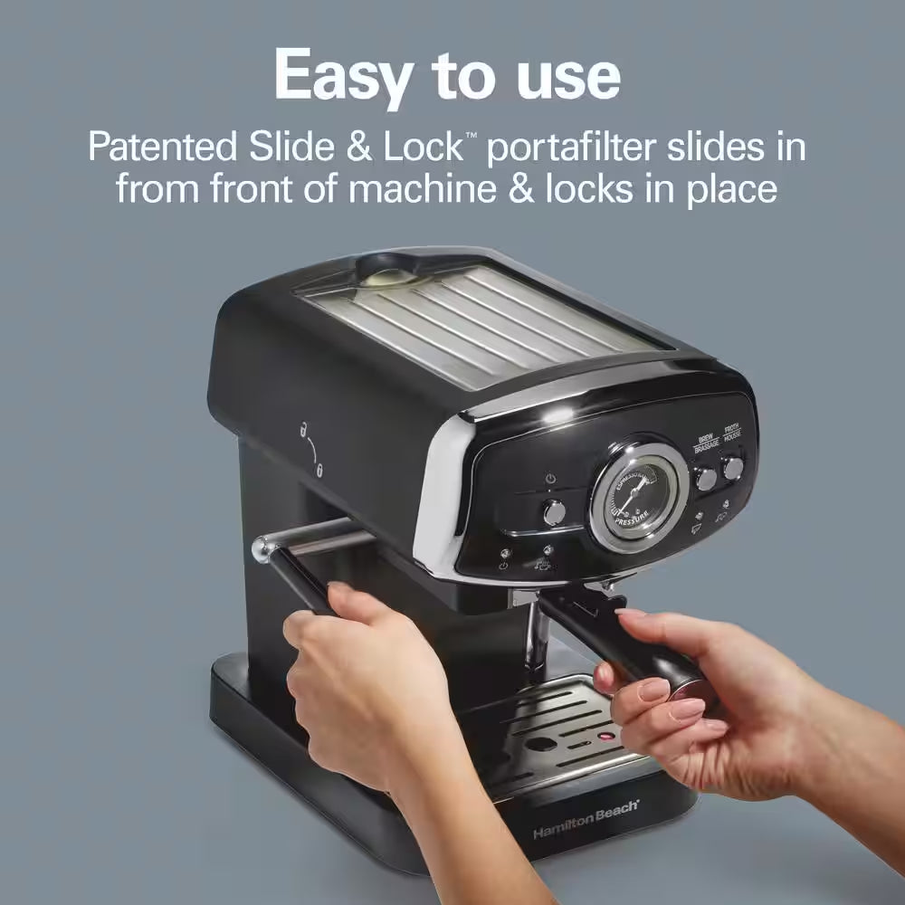 Slide & Lock 2- Cup Black Espresso Machine with 15 Bar Pump