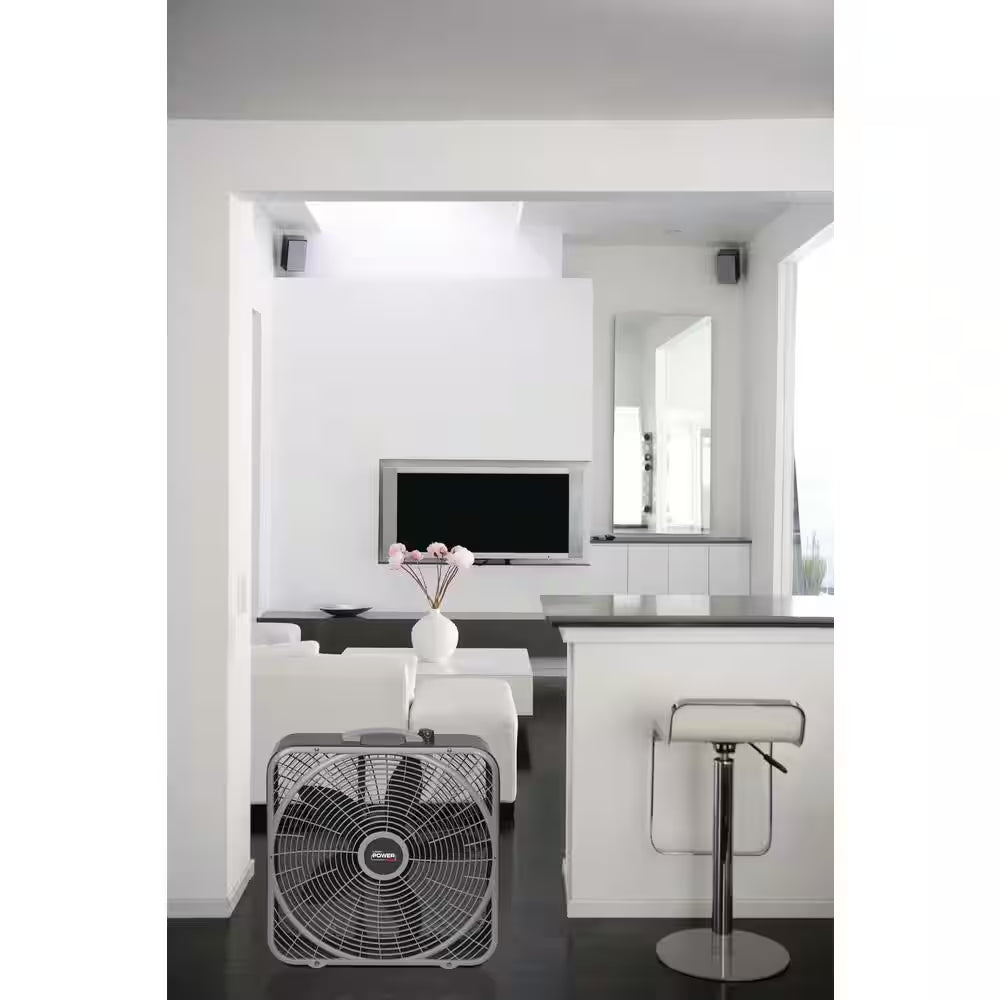 Power plus 20 In. 3 Speed Box Fan for Home in Gray with Weather Shield Design for Window Use, 2000 CFM, Carry Handle