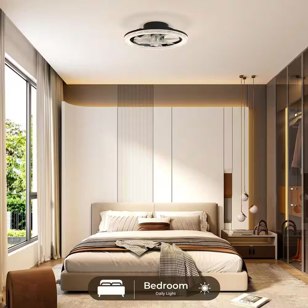 16 In. Smart Modern Indoor Black Low Profile Color Changing Standard Flush Mount Ceiling Fan Light with LED for Bedroom