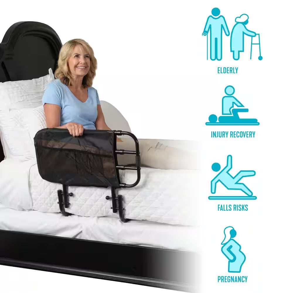 26 In. to 42 In. EZ Adjustable Bed Rail with Swing-Down Safety Railing and Pouch, in Black