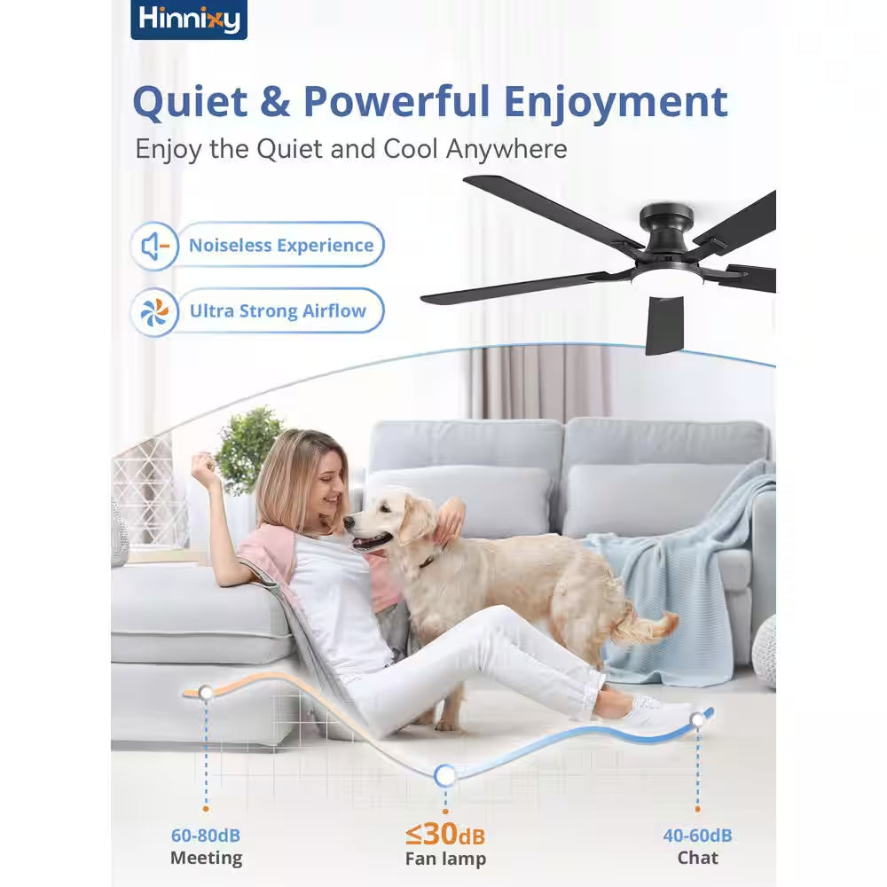 60 Inch Black Modern Flush Mount Ceiling Fan with Light, App/Remote Control Quiet Reversible DC Motor for Living Room