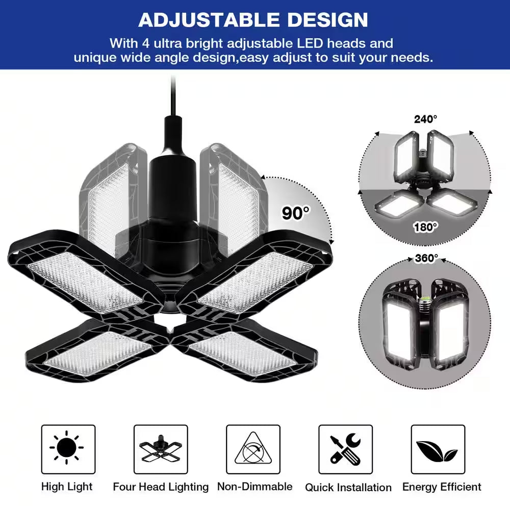 80-Watt Black Deformable Adjustable LED Garage Light Ceiling Flush Mount Lighting 4-Leaf 6000K Daylight White (2-Pack)