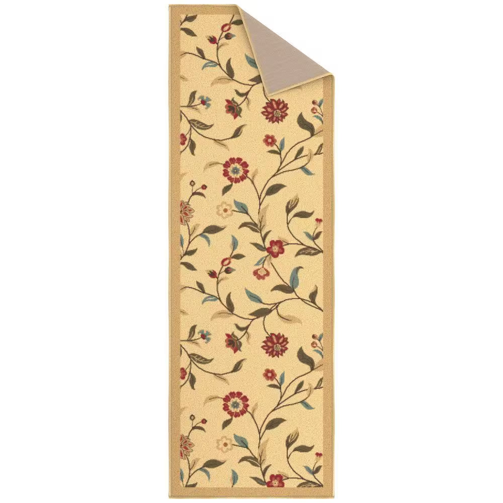 Ottohome Collection Non-Slip Rubberback Floral Leaves 2 X 5 Indoor Runner Rug, 1 Ft. 8 In. X 4 Ft. 5 In., Beige
