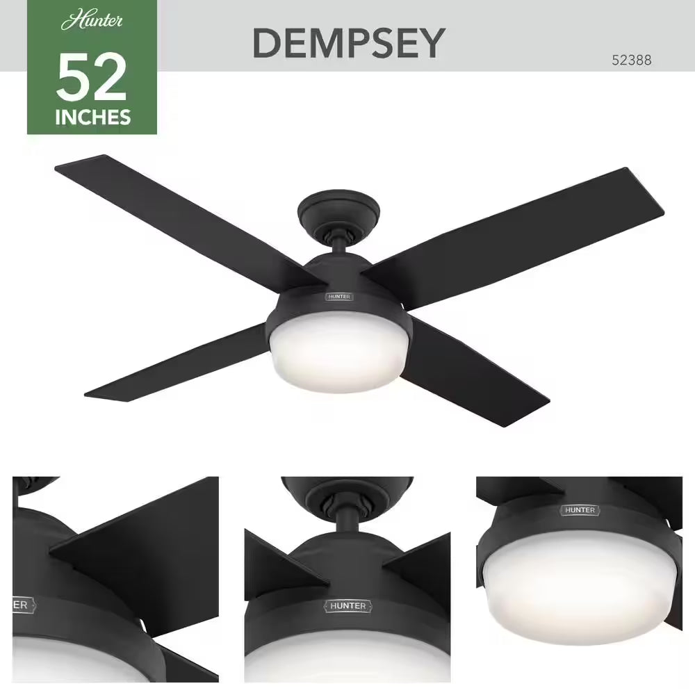 Dempsey 52 In. Indoor Matte Black Ceiling Fan with Remote and Light Kit Included