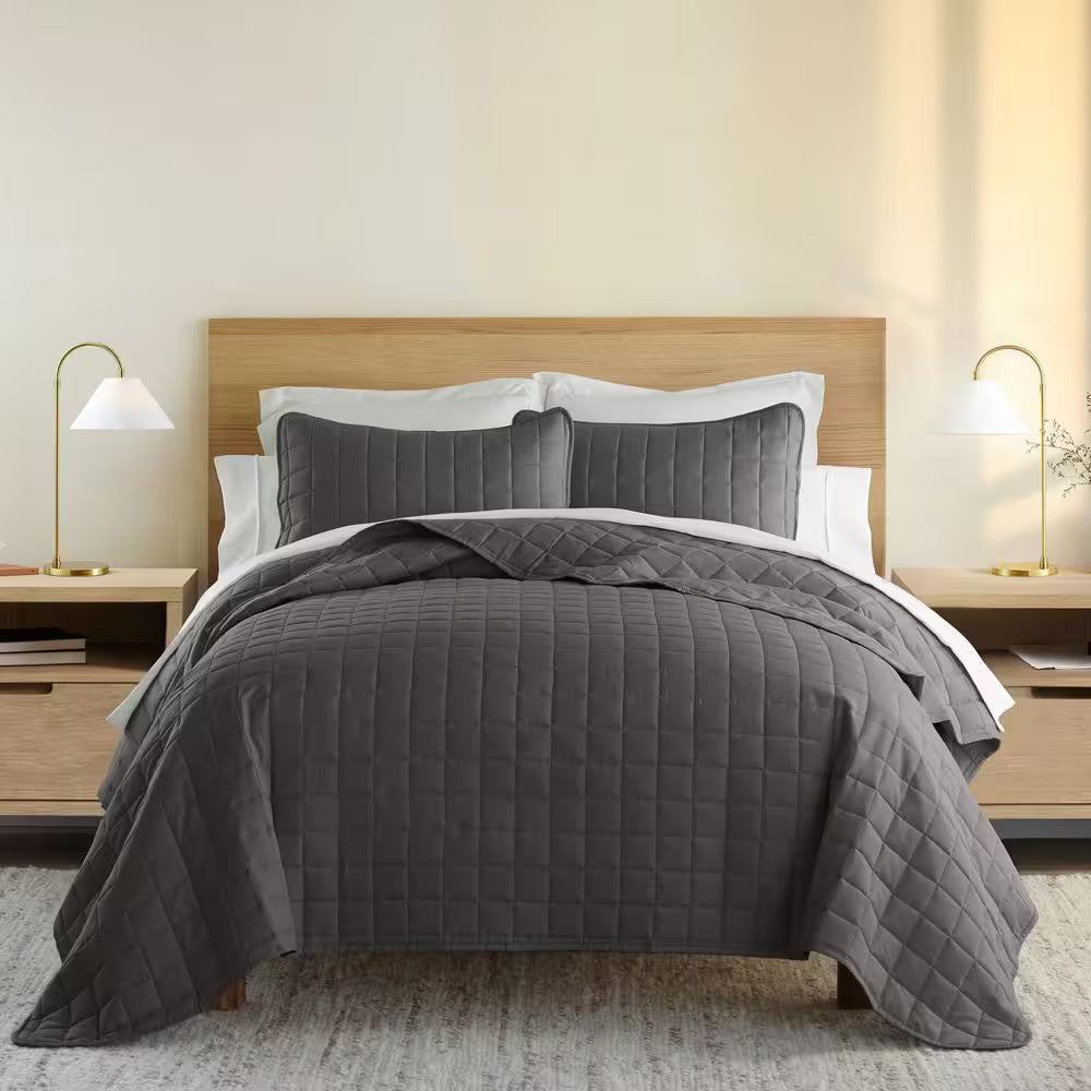 Square Gray Queen Performance Quilted Coverlet Set