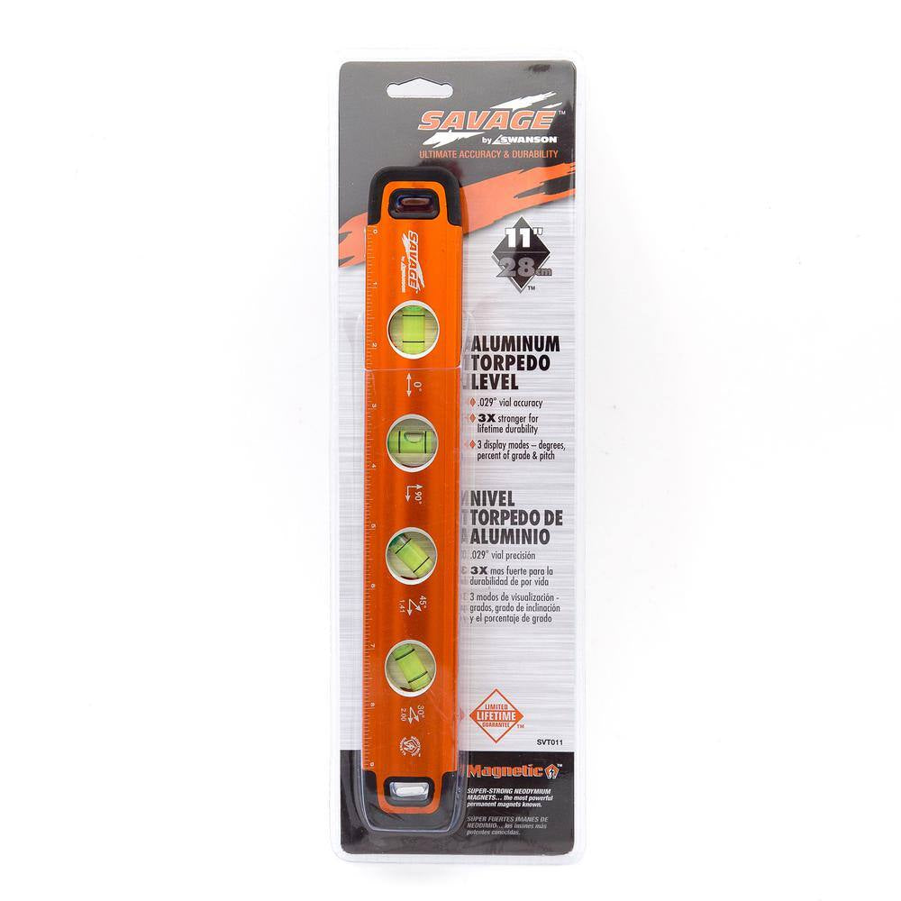 11 In. Aluminum Magnetic Torpedo Level with 4 Bubble Vials, Etched Ruler and Straight Edge
