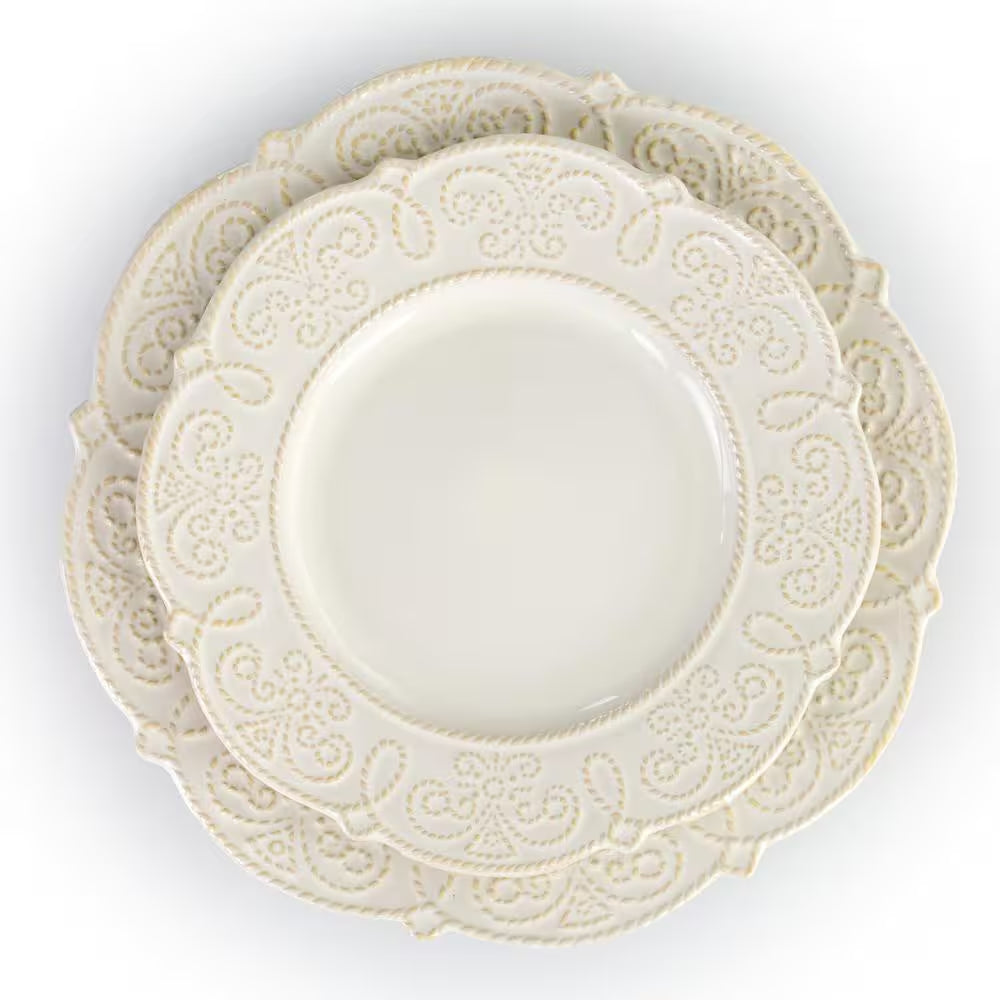 16-Piece Luna Embossed Scalloped White Stoneware Dinnerware Set (Service for 4)
