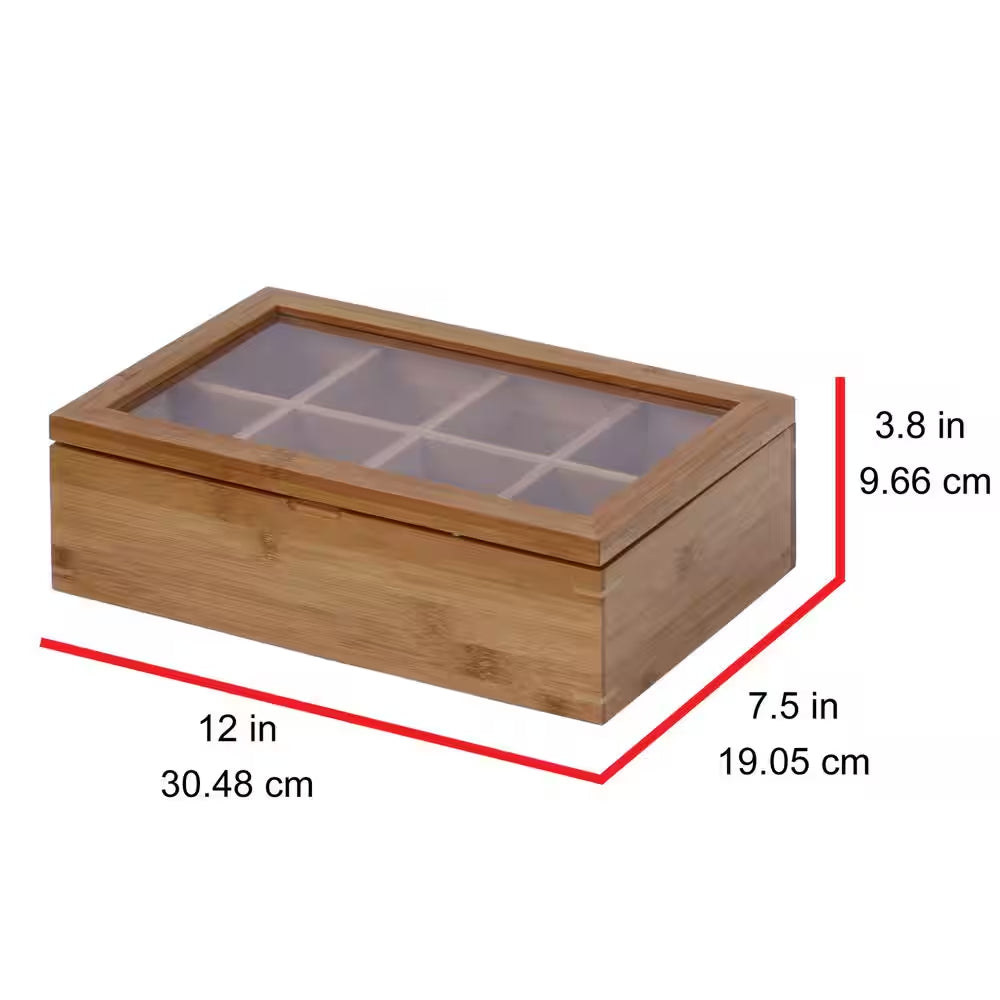 8-Compartment Bamboo Tea Box with Hinged Lid