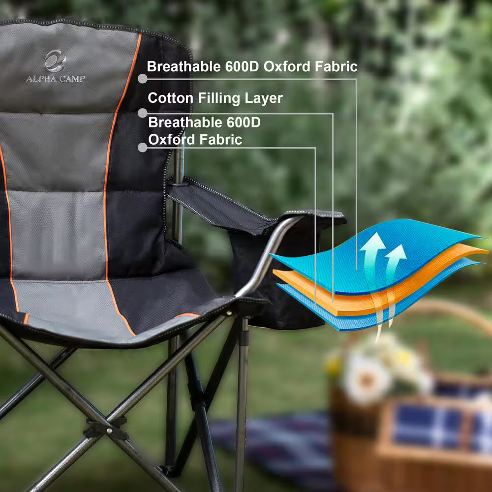 Oversized Folding Camping Chair with Cooler Bag Deluxe Black Chair Heavy-Duty