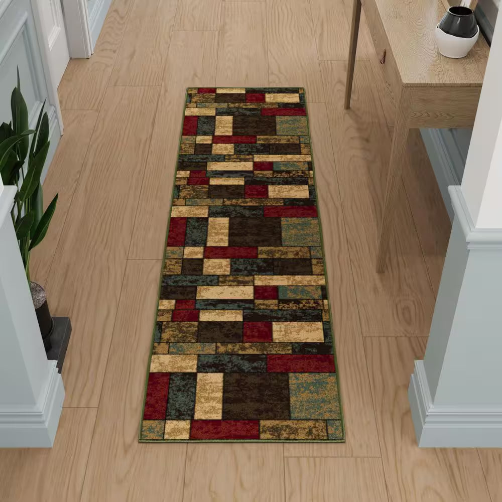 Ottohome Collection Non-Slip Rubberback Boxes Design 2 X 6 Indoor Runner Rug, 1 Ft. 10 In. X 6 Ft., Multicolor