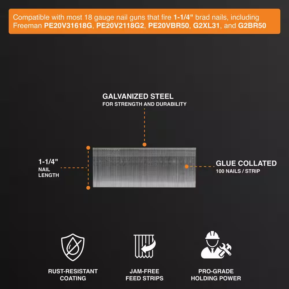 18-Gauge 1-1/4 In. Glue Collated Electrogalvanized Brad Nails - 1,000 Count - for Trim, Moulding, and Baseboards