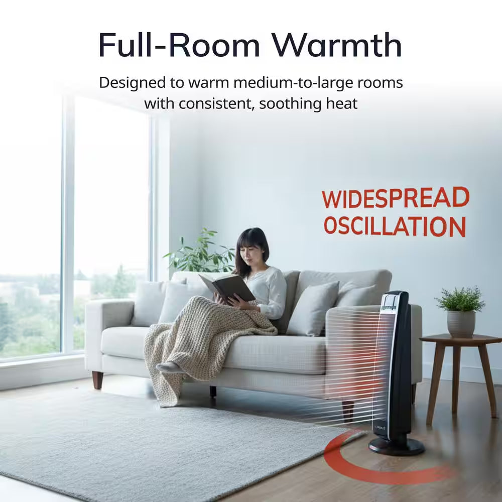 1500W 30 In. Black Indoor Electric Tower Forced Air Ceramic Space Heater with Thermostat, 2-Speeds, Timer, and Remote