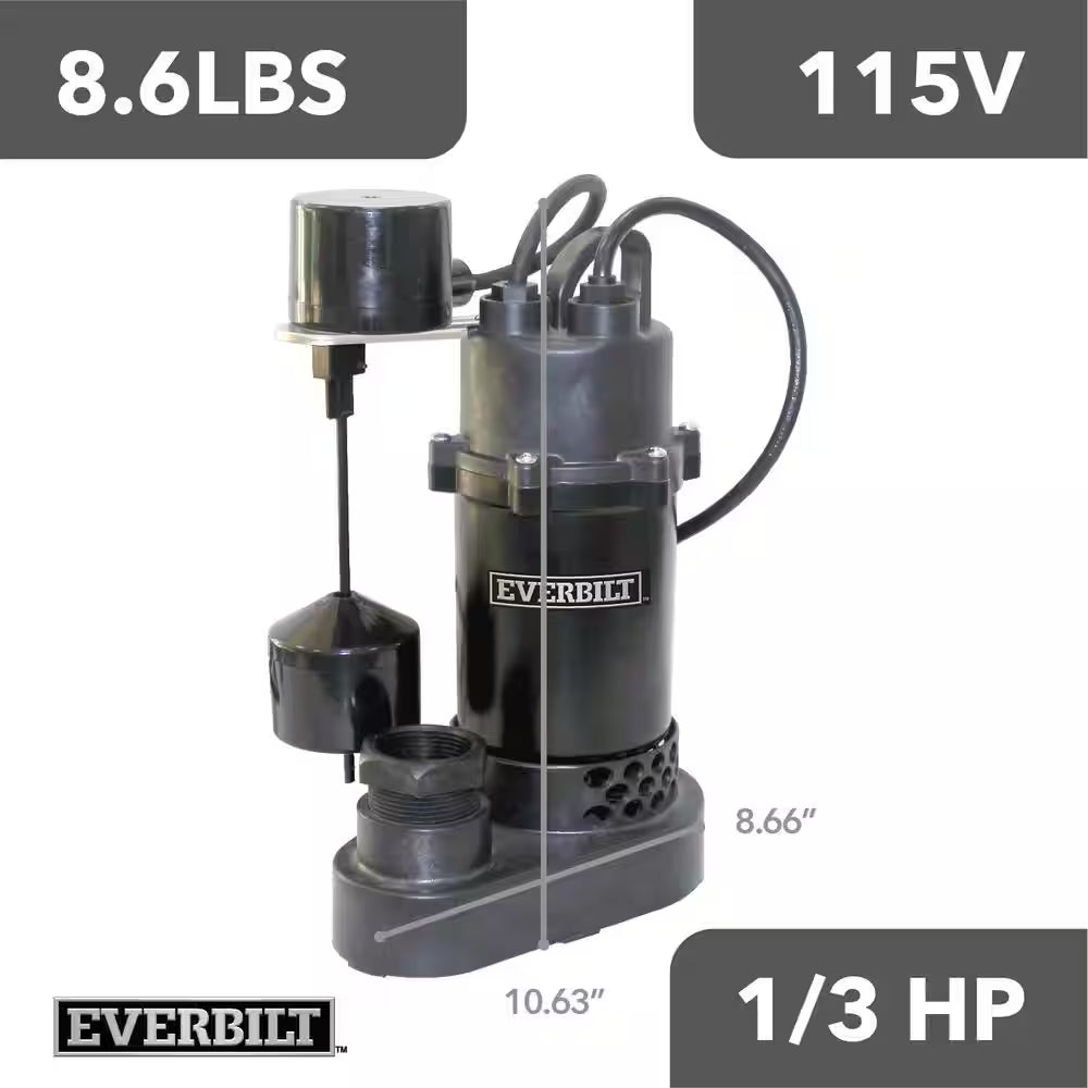 1/3 HP Aluminum Submersible Sump Pump Vertical Switch