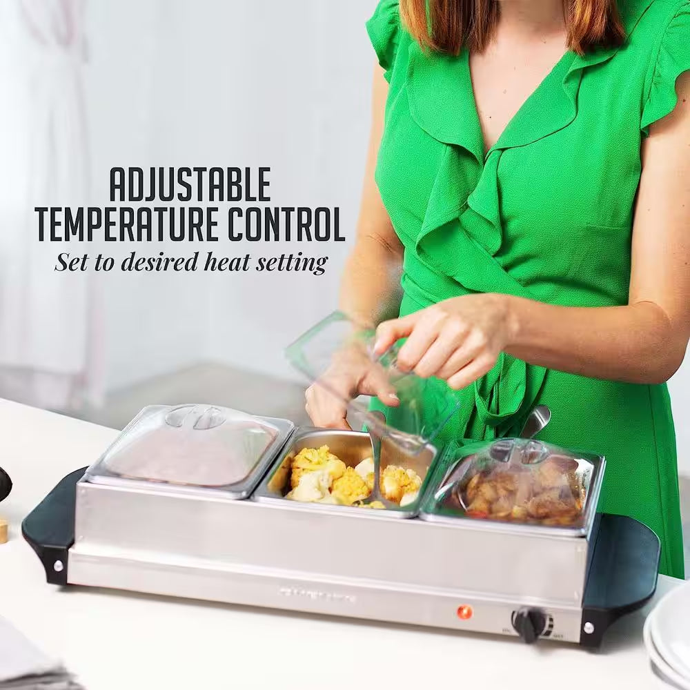 Electric Buffet Server and Food Warmer with 3 1.5 Qt. Pan and Stainless Steel Warming Tray