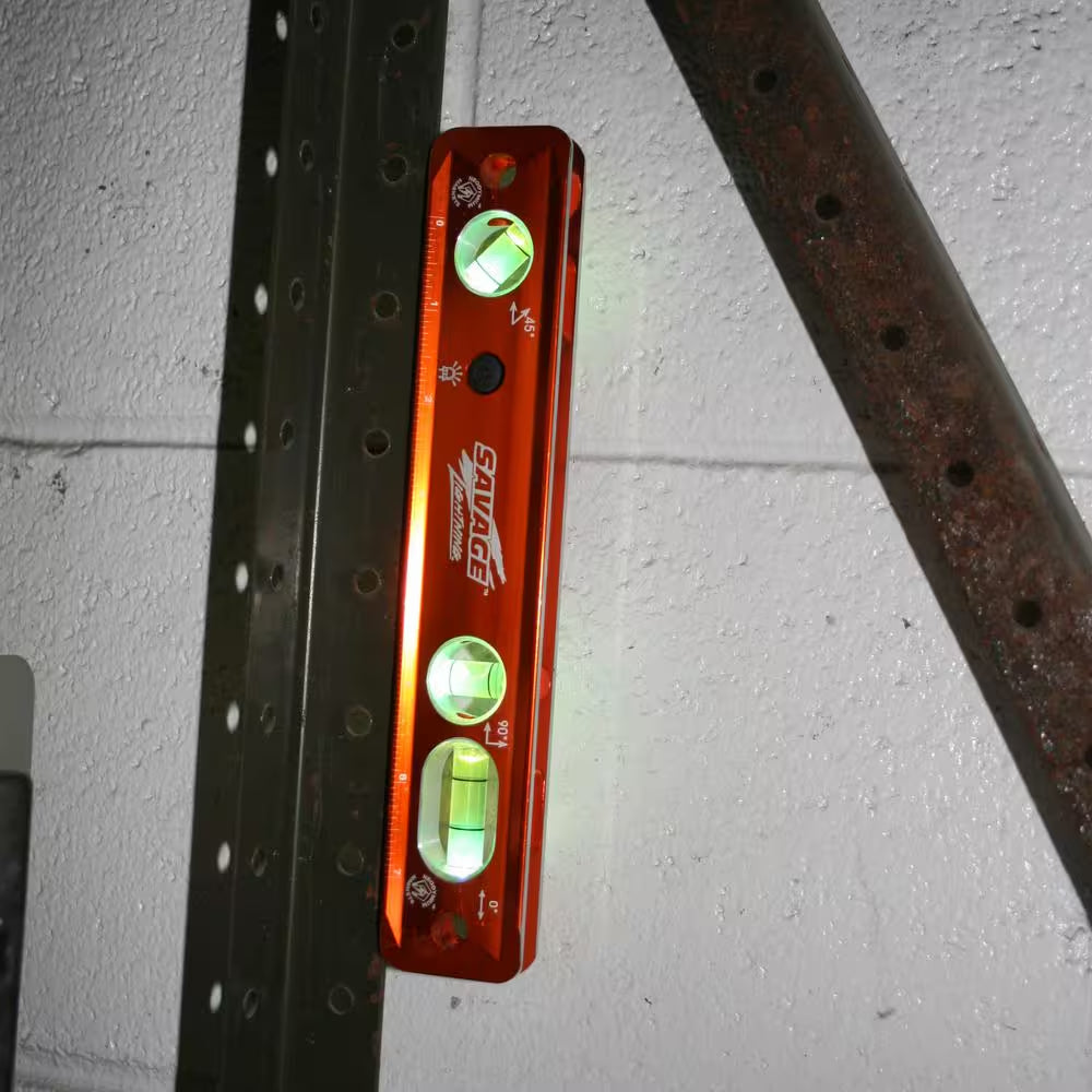 9 In. Aluminum Lighted Magnetic Torpedo Level with 3 Bubble Vials, Etched Ruler and Straight Edge