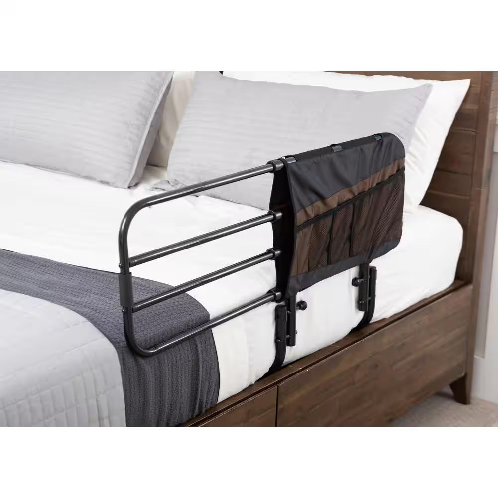 26 In. to 42 In. EZ Adjustable Bed Rail with Swing-Down Safety Railing and Pouch, in Black