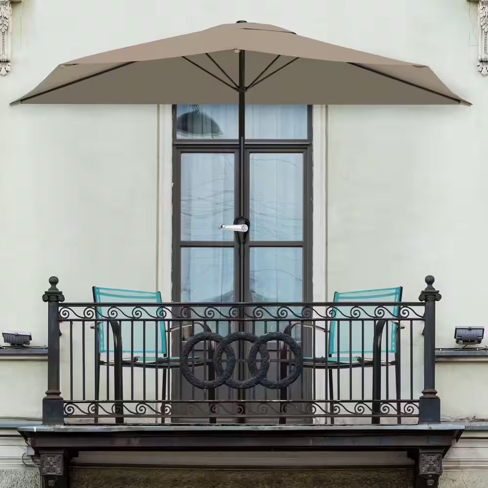 9 Ft. Steel Outdoor Half round Patio Market Umbrella with Easy Crank Lift in Sand