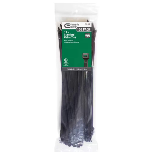 11In Standard 50Lb Tensile Strength UL 21S Rated Cable Zip Ties 100 Pack UV (Black)