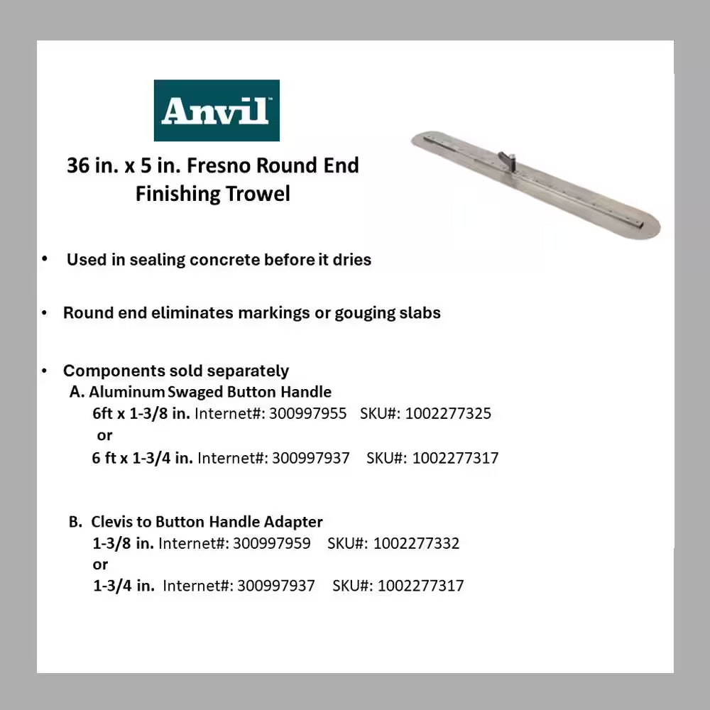 36 In. X 5 In. Fresno round End Finishing Trowel