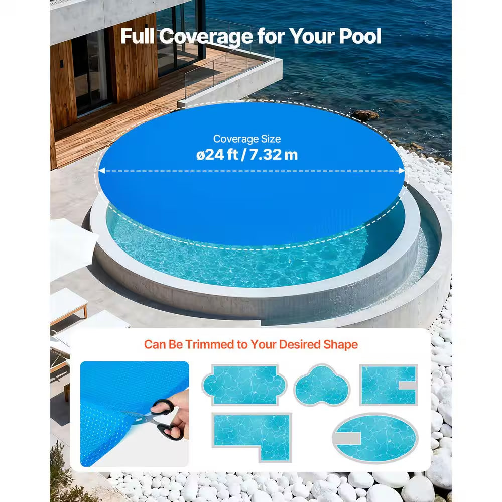 Solar Pool Cover, 24 Ft. round Pool Bubble Cover, 12 Mil Pools Solar Blanket with Bubble & PE Material