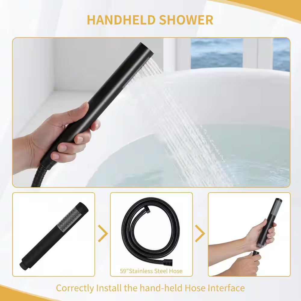 2 Handle Freestanding Tub Faucet with Hand Shower and Feature in Matter Black