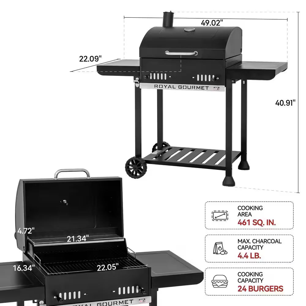 24 In. Movable Charcoal Grill in Black, 2 Foldable Side Shelves, 2-Level Height-Adjustable Charcoal Pan