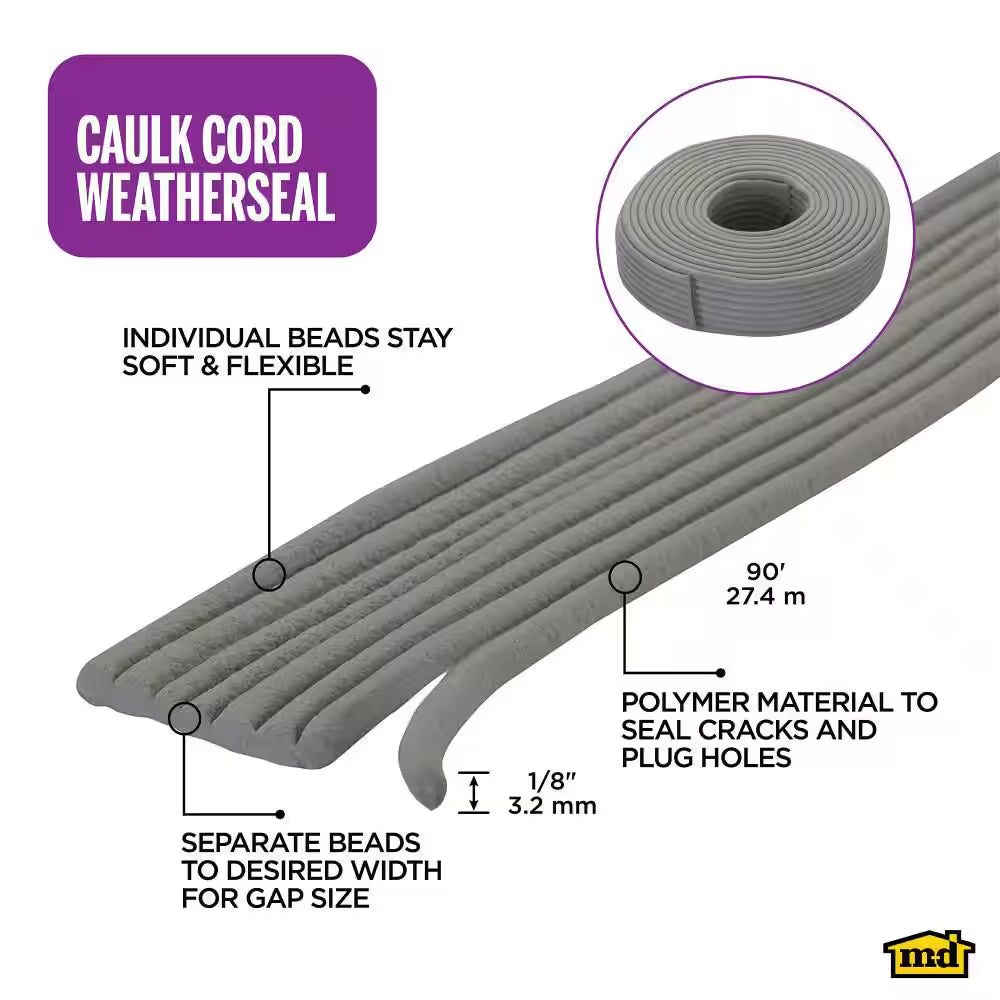 90 Ft. Gray Replaceable Caulk Cord Weatherseal for Small Gaps & Cracks