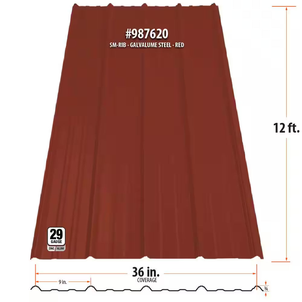 12 Ft. Sm-Rib Galvalume Steel 29-Gauge Roof/Siding Panel in Red