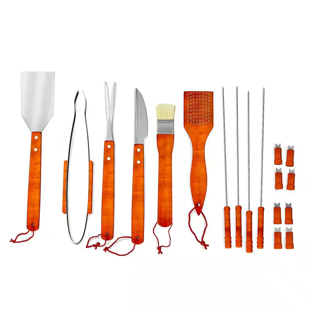 22-Piece Stainless Steel Wood BBQ Grill Tool Set