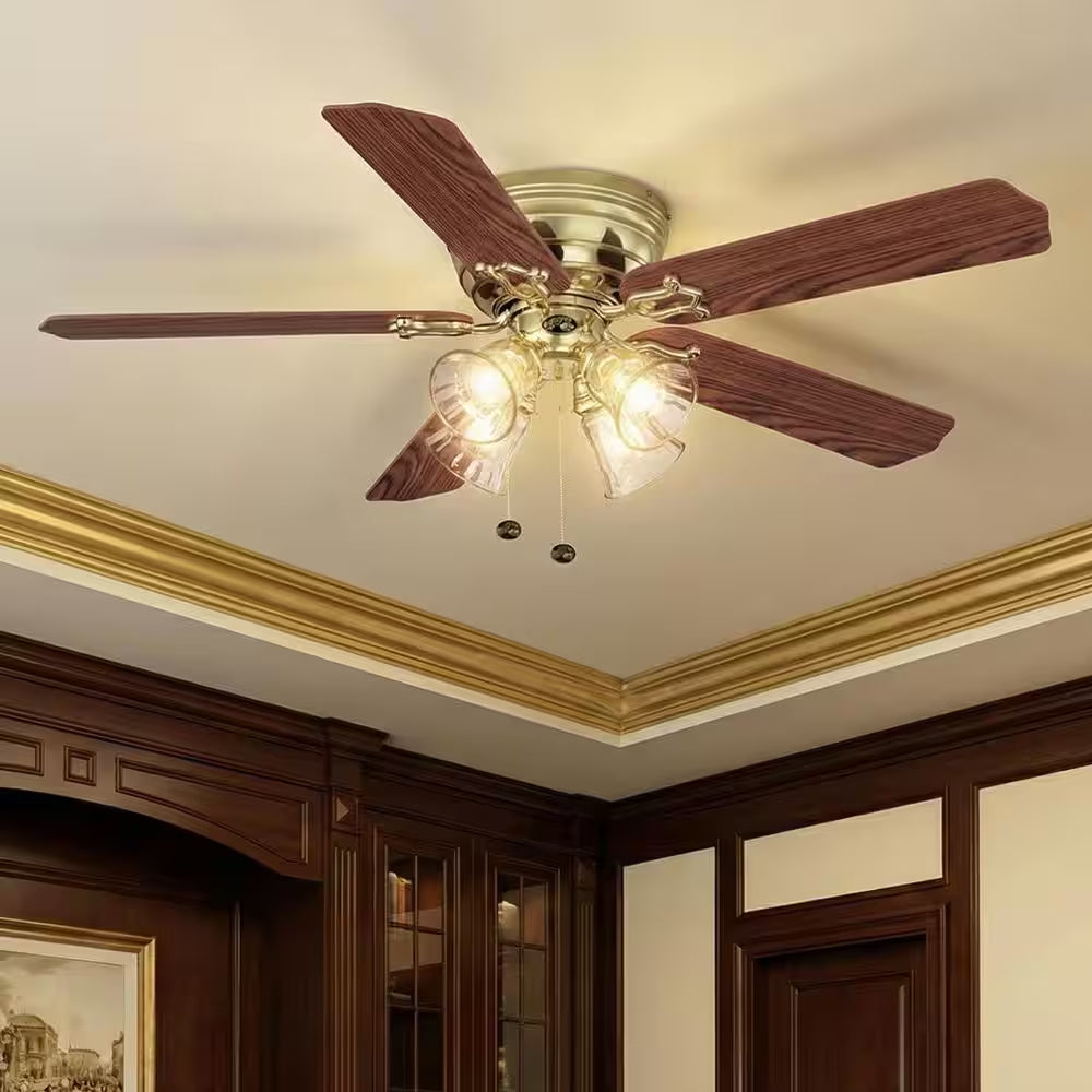 Carriage House 52 In. Indoor LED Polished Brass Ceiling Fan with Light Kit, Reversible Motor and Reversible Blades