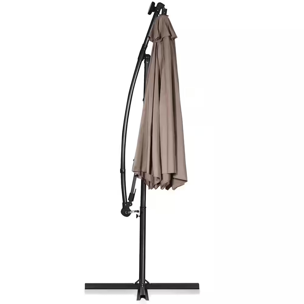 10 Ft. Aluminum Offset Cantilever Solar Tilt Patio Umbrella LED Lights 360-Degrees Rotation Tan