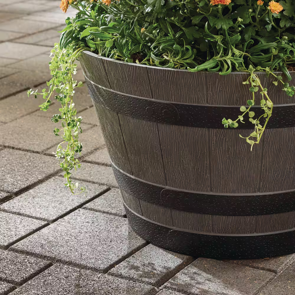 Cameron Whiskey Barrel Large Brown Resin round Planter (22 In. L X 22 In. W X 13.5 In. H)