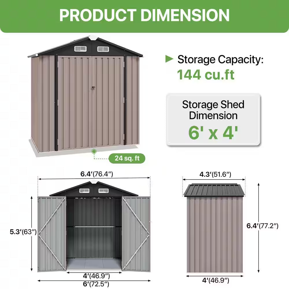 6 Ft. W X 4 Ft. D Brown Metal Shed with Lockable Door and Vents for Tool, Garden, Bike (24 Sq. Ft.)