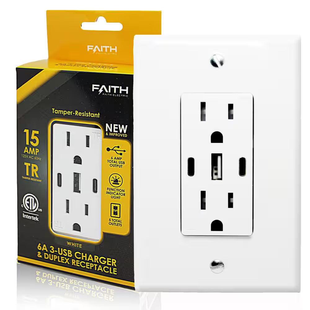 USB Receptacle Outlet White, 15A 30W with 2 Type C, 1 Type a USB Charger and Standard Wallplate