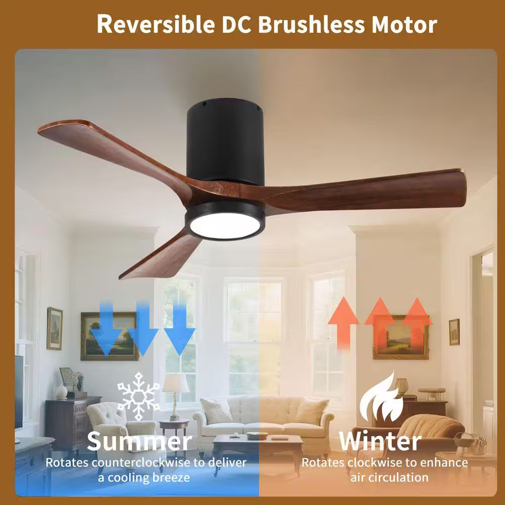 42 Inch Indoor Black Solid Wood 6 Speeds Remote Ceiling Fan with 3 Colors Dimmable LED Light and Reversible DC Motor