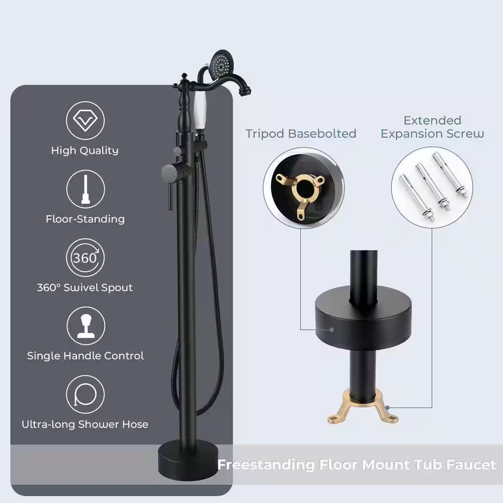 Single-Handle Floor-Mount Roman Tub Faucet with Hand Shower in Matte Black