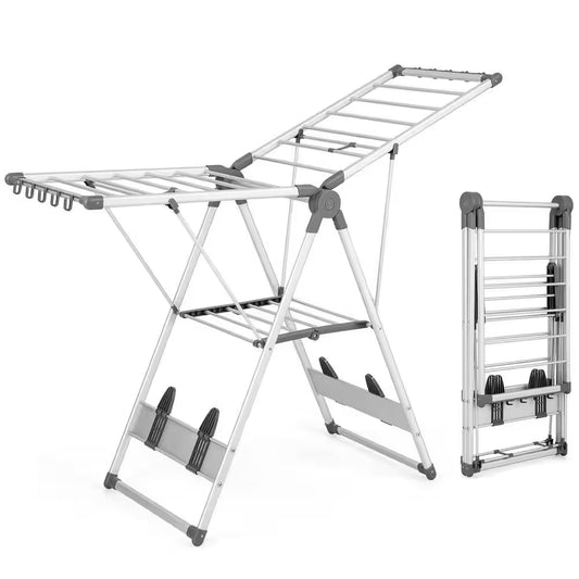 2-Layer Space-Saving Gray Metal Free Standing Drying Rack Collapsible Clothes Drying Rack