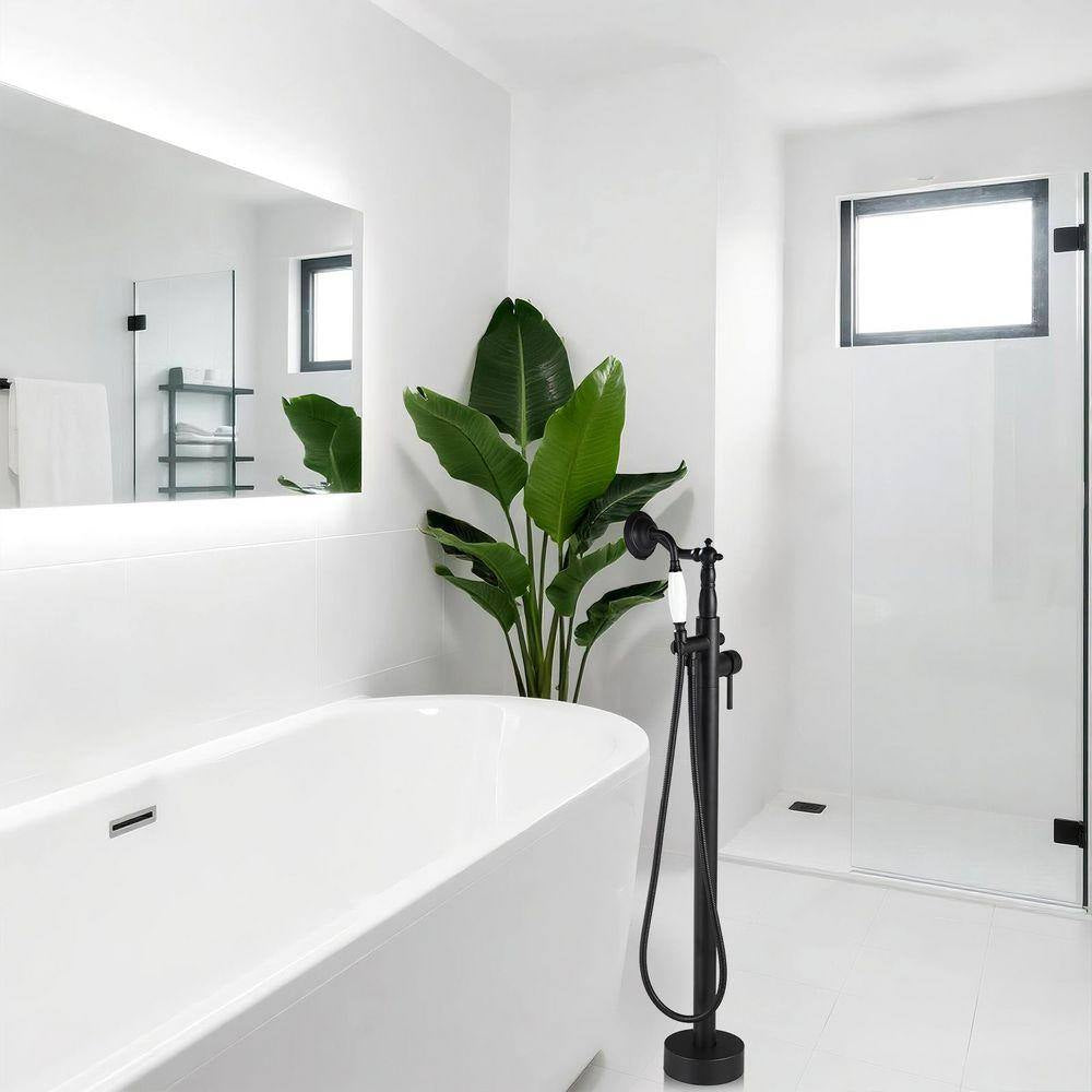 Single-Handle Floor-Mount Roman Tub Faucet with Hand Shower in Matte Black