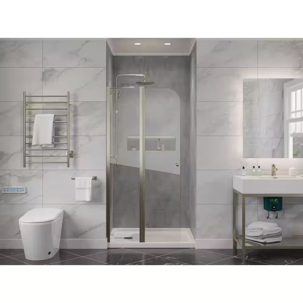 Romance Series 33.3 In. X 72 In. H Hinged Frameless Shower Door in Brushed Nickel with Tsunami Guard Tempered Glass