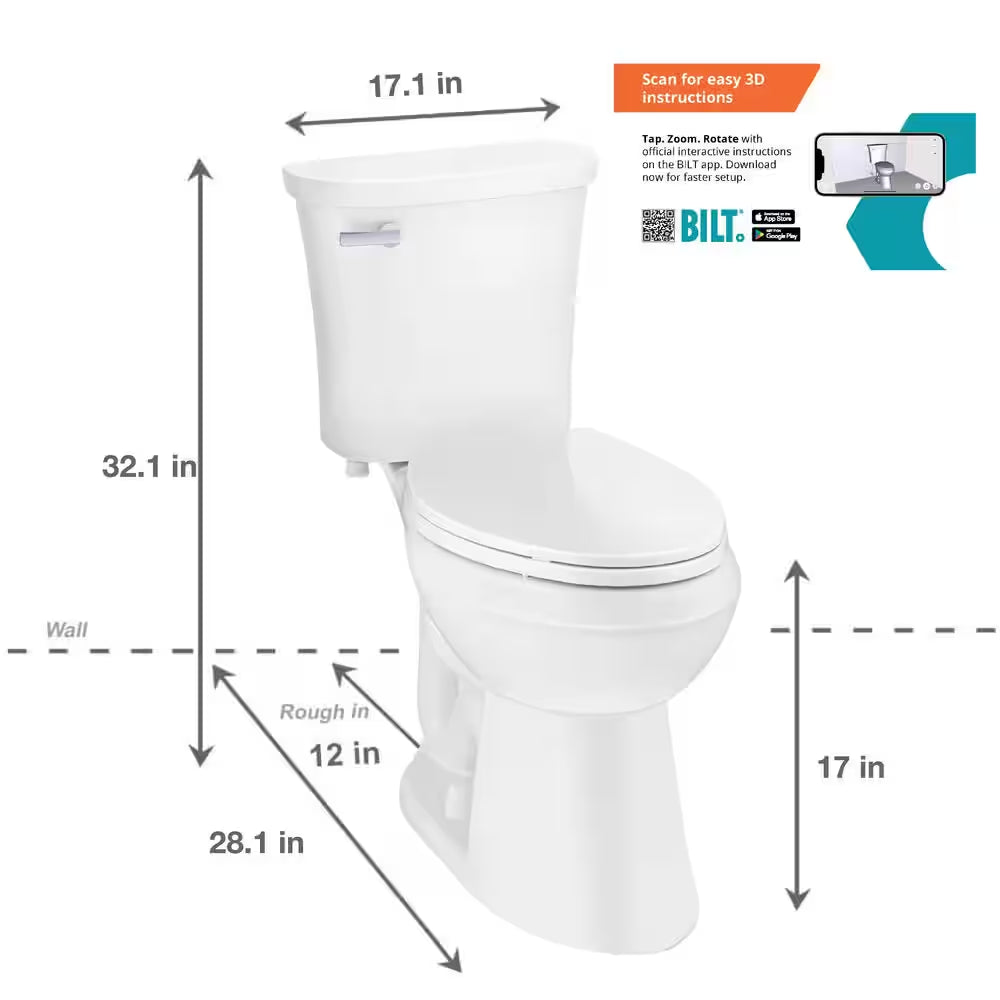 Power Flush 12 In. Rough in 2-Piece 1.28 GPF Single Flush Elongated Toilet in White, Seat Included