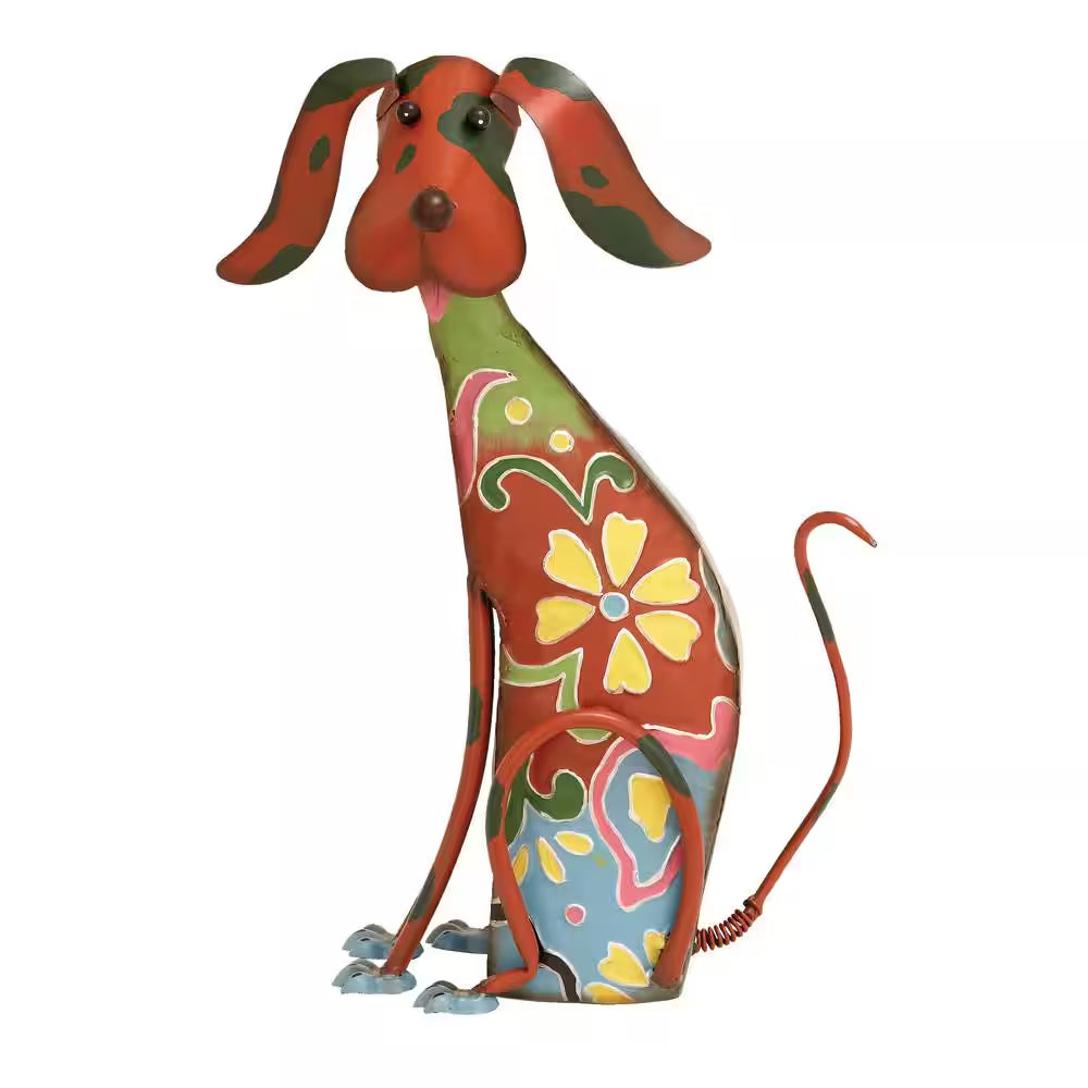 17 In. Metal Indoor Outdoor Dog Garden Sculpture with Floral Pattern
