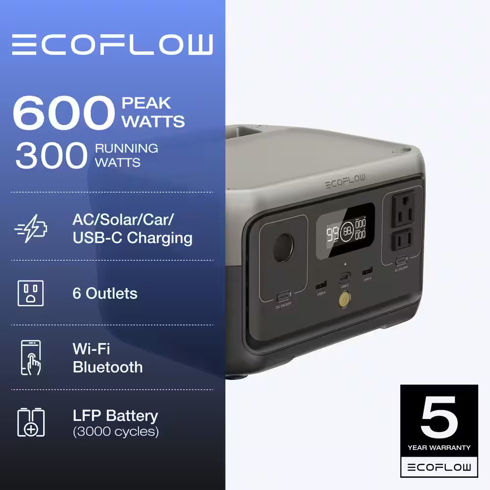 300-Watt Output/600-Watt Peak Push-Button Start Battery Generator RIVER 2 LFP Battery Fast Charging for Outdoor, Camping