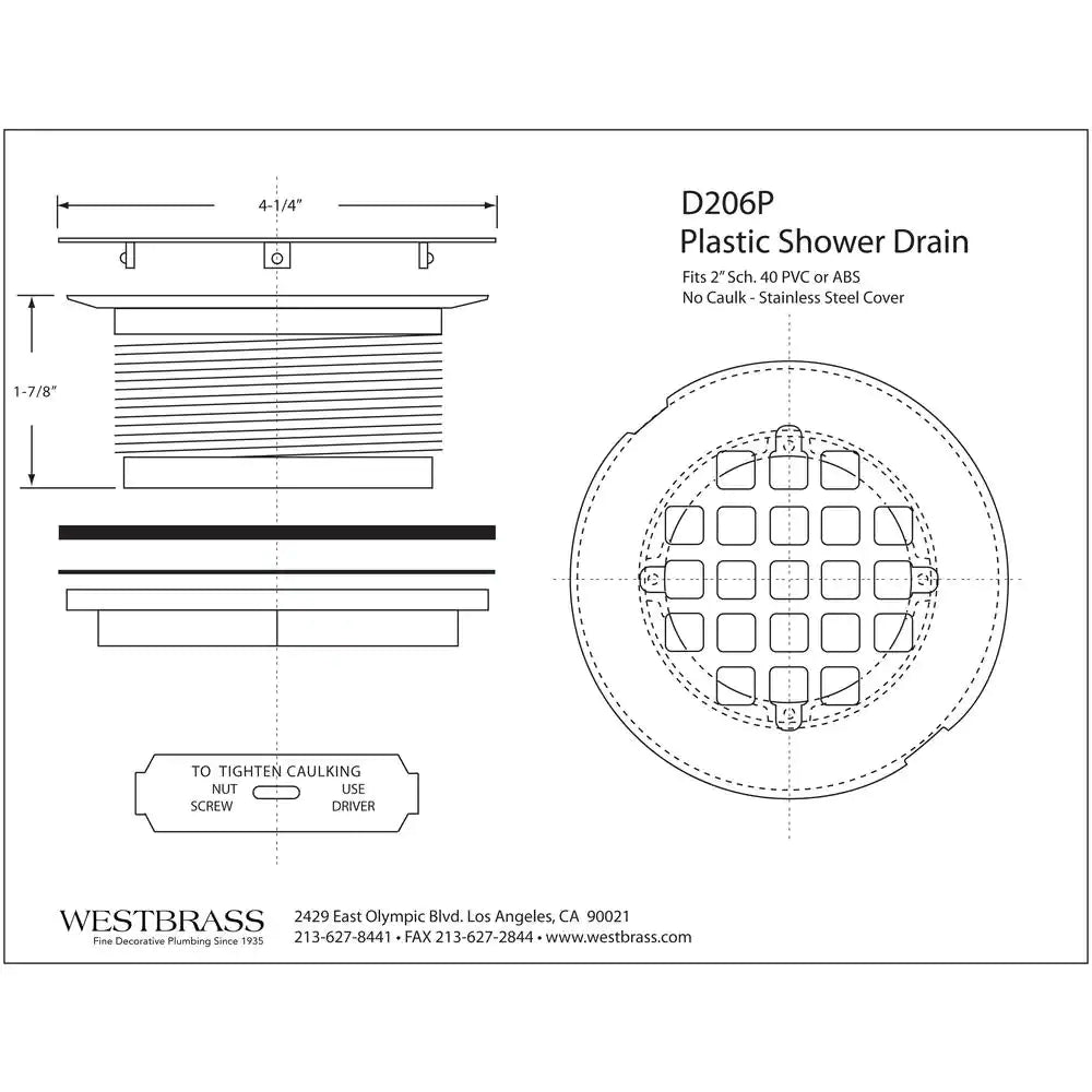 2 In. No-Caulk PVC Compression Shower Drain with 4-1/4 In. round Grid Cover, Matte Black