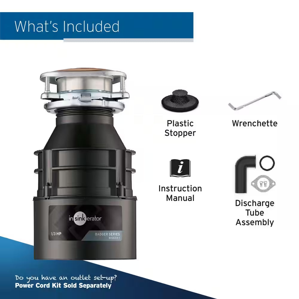 Badger 1, 1/3 HP Continuous Feed Kitchen Garbage Disposal, Badger Series
