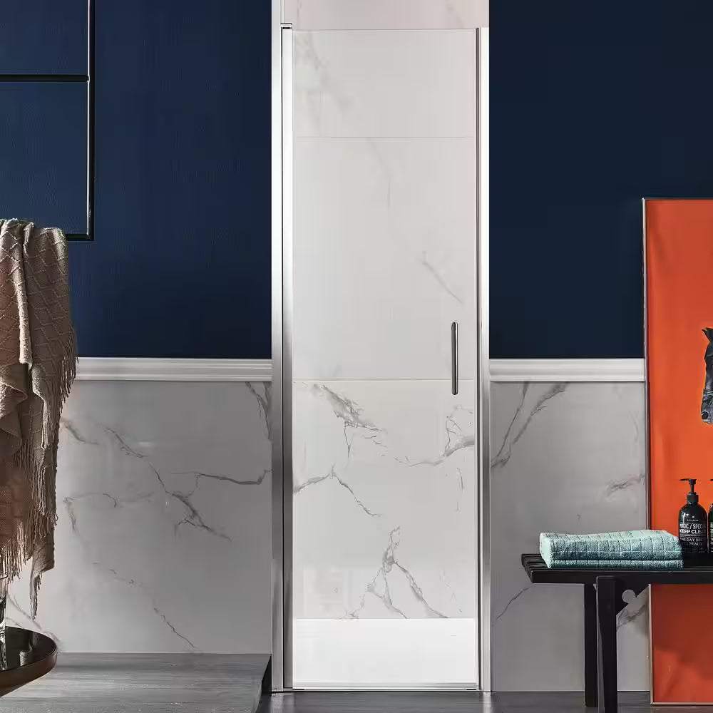 Lancer Series 23.4 In. X 72 In. H Hinged Frameless Shower Door in Polished Chrome with Tsunami Guard Tempered Glass