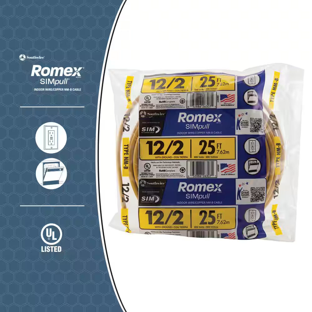 25 Ft. 12/2 Solid Romex Simpull CU NM-B W/G Wire